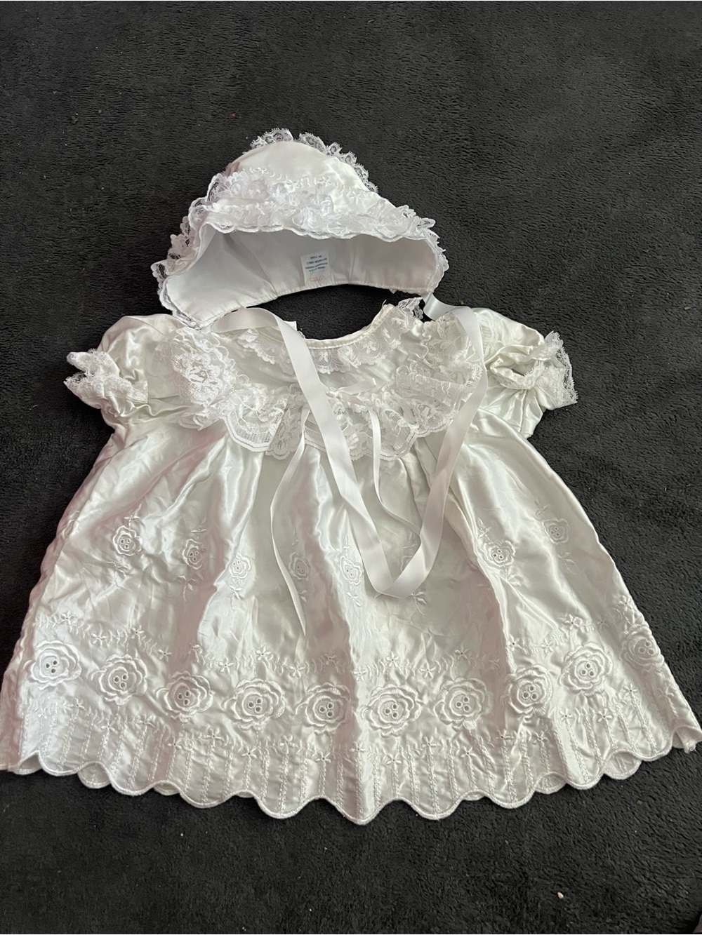 Vintage White Baptism Christening Dress Bonnet Set 6-9M Lace Rose Embroidered
